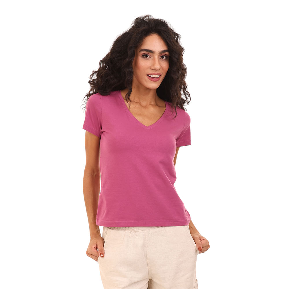 Camiseta Decote v Elast - Rosa Antigo