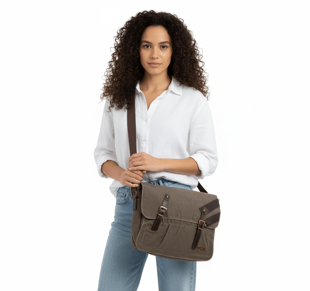 76 Bolsa Carteiro Tampa Tira Couro Fiv - Kaki