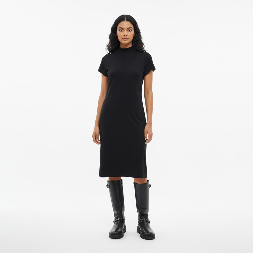 Vestido Gola Alta Rib - Preto