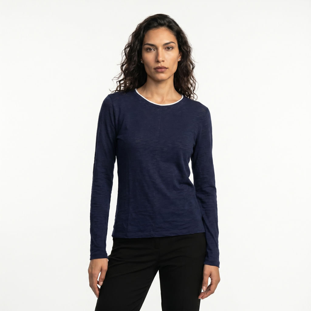 Camiseta Manga Longa Rib - Azul Marinho