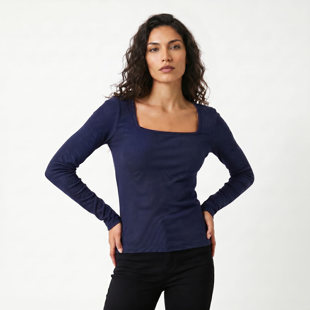 Camiseta Fem M/L Dedal Dect. Quadrado - Azul Marinho