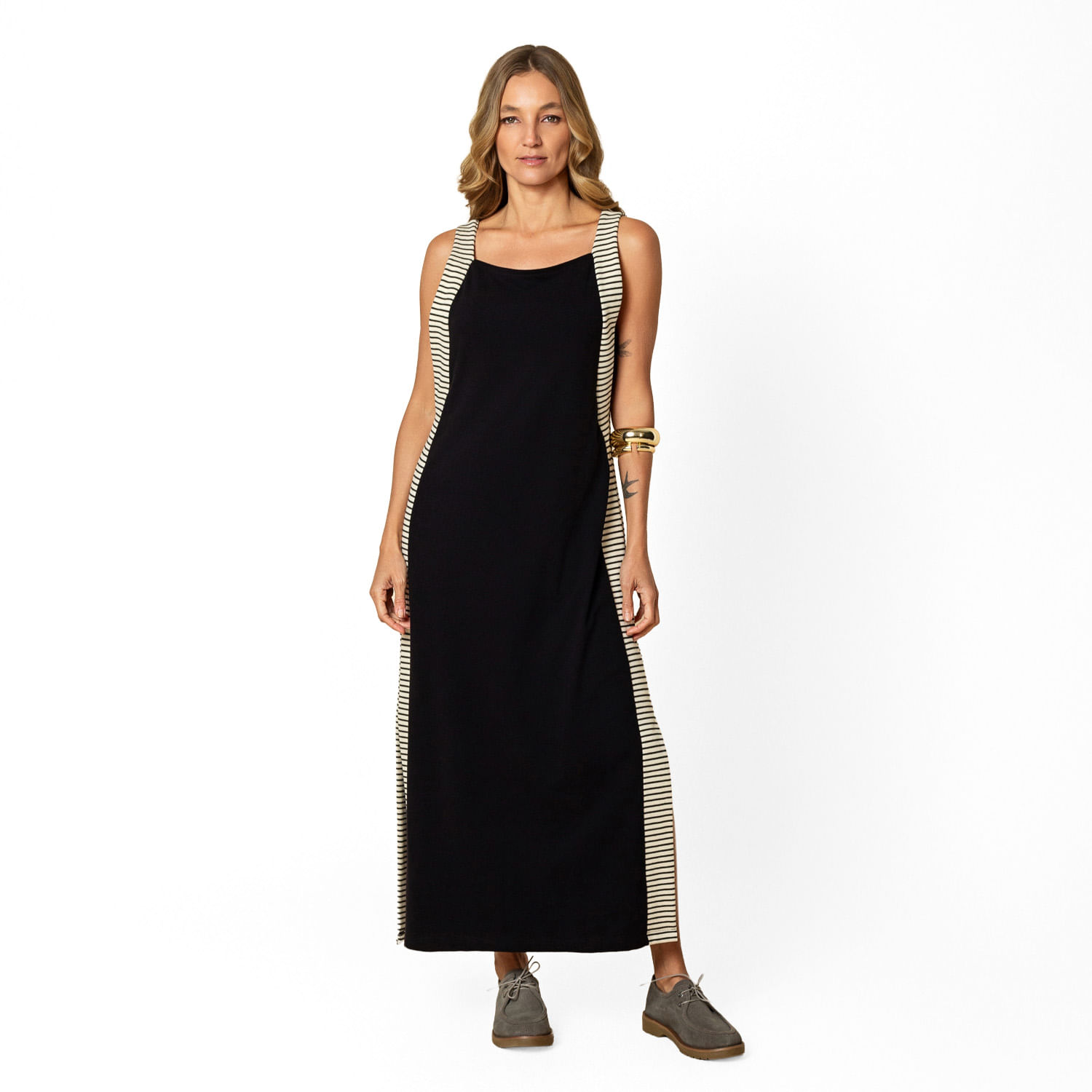 Vestido Longo Com Listras - Preto